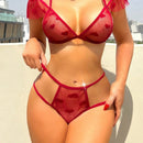 NEW Conjunto de lenceria sexy para mujer con encaje amoroso y malla transparente en color rojo con braguitas