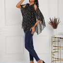 Camisa de verano para mujer con diseno moderno, con puntos plateados, hombros al descubierto y dobladillo asimetrico