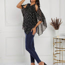 Camisa de verano para mujer con diseno moderno, con puntos plateados, hombros al descubierto y dobladillo asimetrico