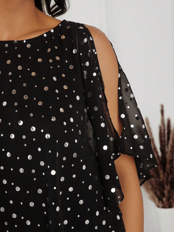 NEW  Lady Camisa de verano para mujer con diseno moderno, con puntos plateados, hombros al descubierto y dobladillo asimetrico