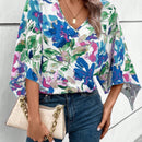Clasi Blusa holgada de verano para mujer con estampado floral, manga acampanada y cuello en V