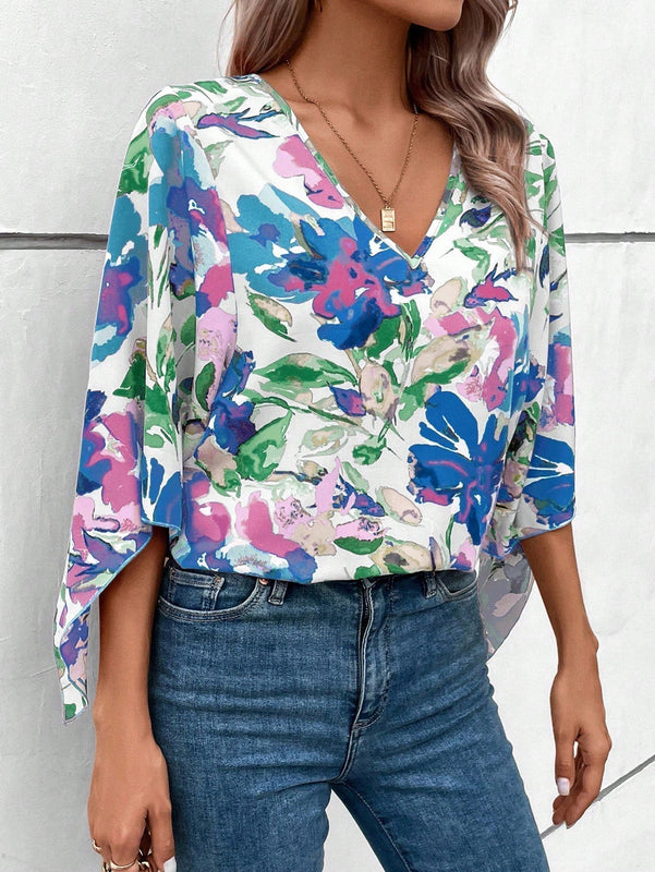 Clasi Blusa holgada de verano para mujer con estampado floral, manga acampanada y cuello en V