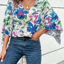Clasi Blusa holgada de verano para mujer con estampado floral, manga acampanada y cuello en V