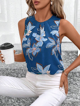 Blusa de mujer sin mangas con estampado floral azul y pliegues en la parte delantera