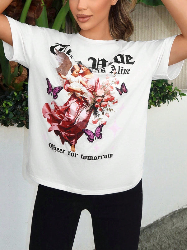 Camiseta de punto blanco para mujer con cuello redondo, manga corta super etragrande y estilo casual de a urbana con estampado de alfabeto, mariposa, Cupido y floral