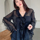 DAZY Camisa de dama de mangas largas con diseno transparente y cuello en V con volantes de unicolor