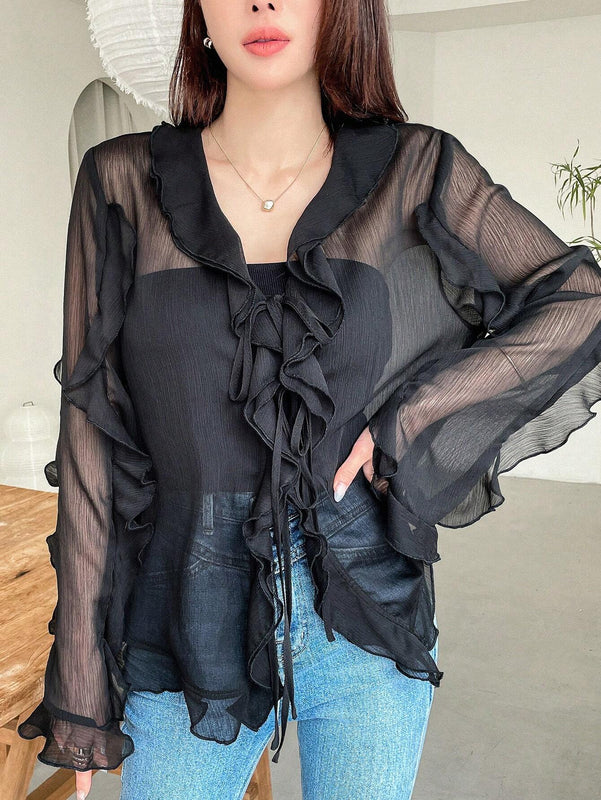 DAZY Camisa de dama de mangas largas con diseno transparente y cuello en V con volantes de unicolor