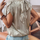 Camisa metalizada de manga corta con fruncido para mujer para vacaciones con lazo trasero