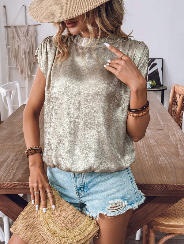 LUNE Camisa metalizada de manga corta con fruncido para mujer para vacaciones con lazo trasero