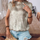 Camisa metalizada de manga corta con fruncido para mujer para vacaciones con lazo trasero