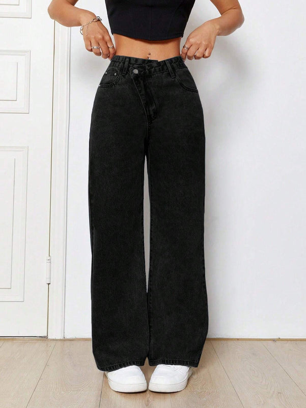 PETITE Jeans holgados de pierna recta de unicolor simples para mujer