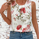 Clasi Camisa de trabajo plisada sin mangas con cuello redondo y estampado floral para mujer