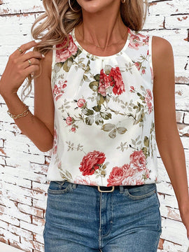 Clasi Camisa de trabajo plisada sin mangas con cuello redondo y estampado floral para mujer