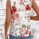 Clasi Camisa de trabajo plisada sin mangas con cuello redondo y estampado floral para mujer