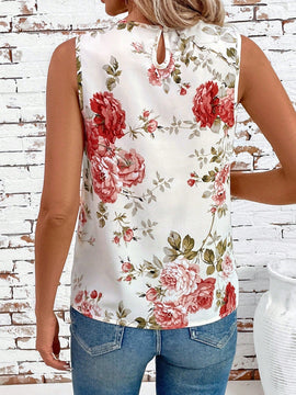 Clasi Camisa de trabajo plisada sin mangas con cuello redondo y estampado floral para mujer