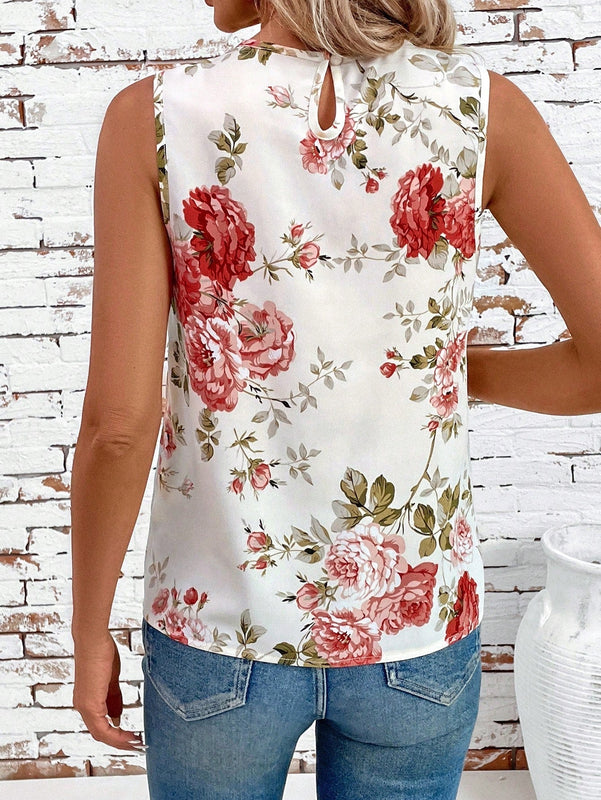 Clasi Camisa de trabajo plisada sin mangas con cuello redondo y estampado floral para mujer