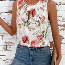 Clasi Camisa de trabajo plisada sin mangas con cuello redondo y estampado floral para mujer