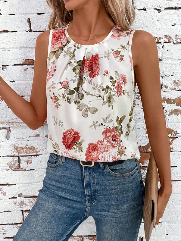 Clasi Camisa de trabajo plisada sin mangas con cuello redondo y estampado floral para mujer