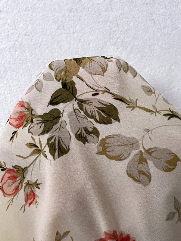 Clasi Camisa de trabajo plisada sin mangas con cuello redondo y estampado floral para mujer