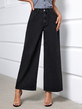 Essnce Pantalones Jeans acampanados de pata ancha informales y holgados de moda para mujer