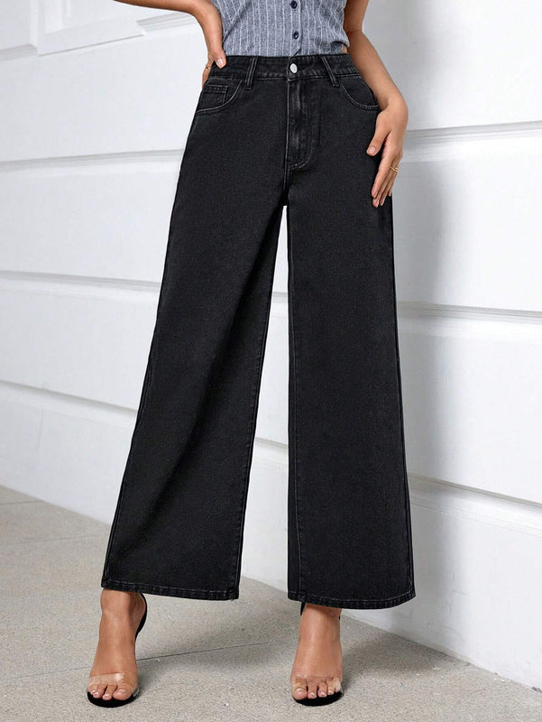 Essnce Pantalones Jeans acampanados de pata ancha informales y holgados de moda para mujer
