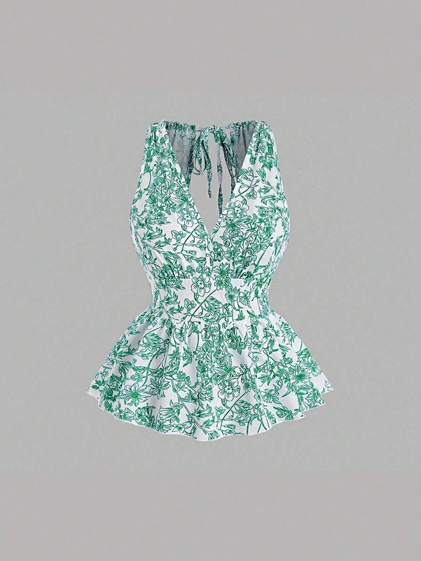 MOD Blusa sin mangas para mujer con estampado de plantas, dee de lazo trasero, dobladillo con volantes para vacaciones