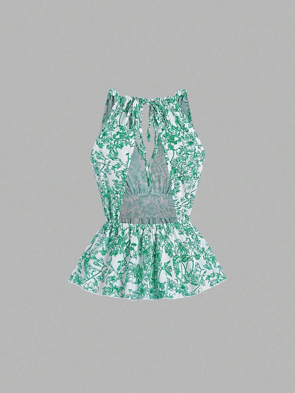 MOD Blusa sin mangas para mujer con estampado de plantas, dee de lazo trasero, dobladillo con volantes para vacaciones