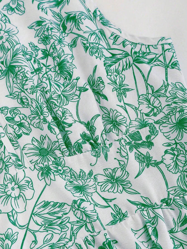 MOD Blusa sin mangas para mujer con estampado de plantas, dee de lazo trasero, dobladillo con volantes para vacaciones