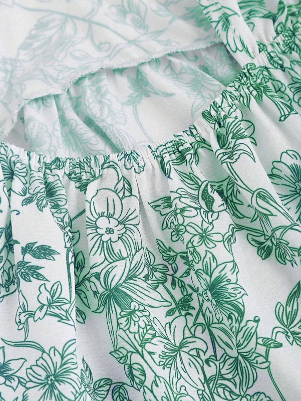 MOD Blusa sin mangas para mujer con estampado de plantas, dee de lazo trasero, dobladillo con volantes para vacaciones