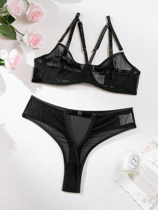 Conjunto De Sujetador De Mujeres De 1 Juego - Diseno Sexy De Malla Y Hueco Con Material Transparente