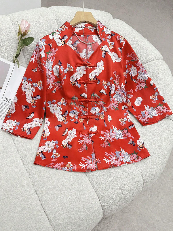 Blusa tradicional china impresa con flores para uso diario