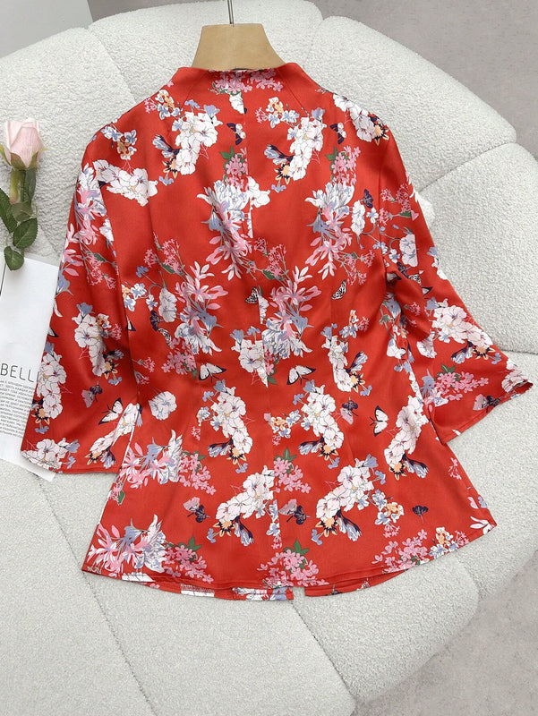 Blusa tradicional china impresa con flores para uso diario