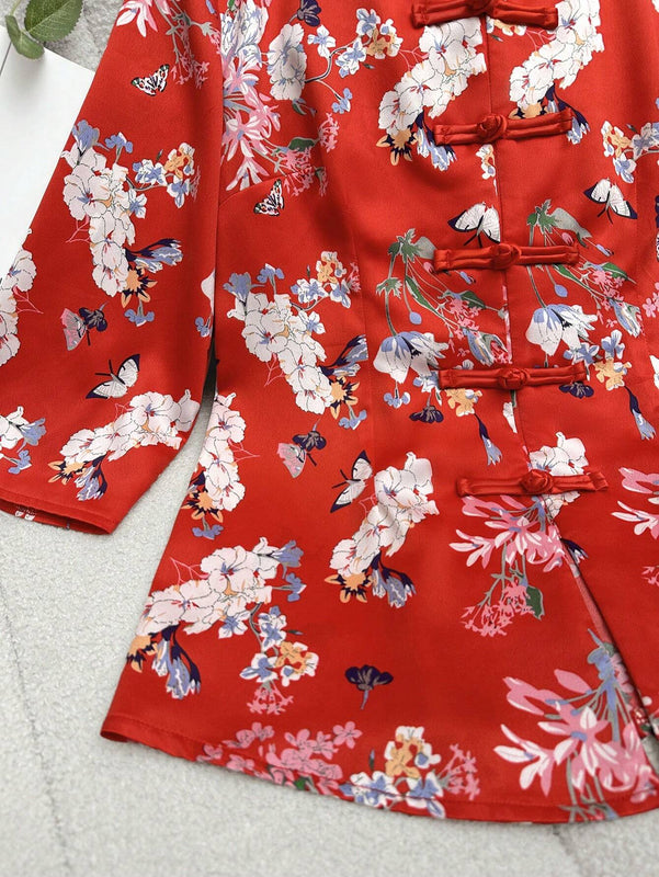 Blusa tradicional china impresa con flores para uso diario