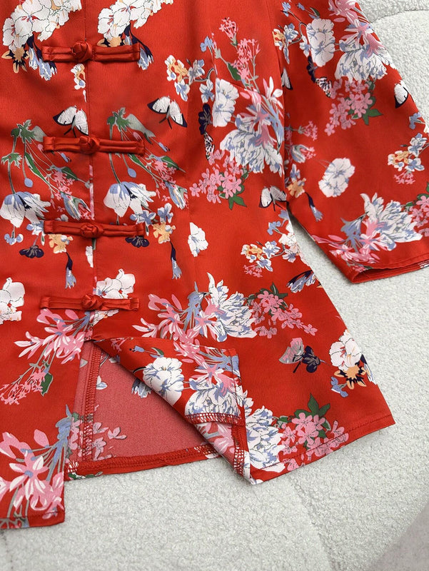 Blusa tradicional china impresa con flores para uso diario