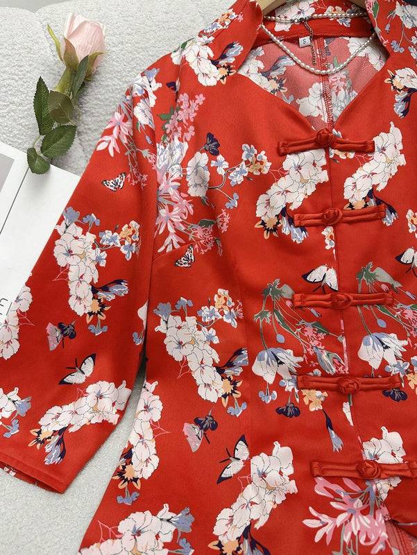 Blusa tradicional china impresa con flores para uso diario