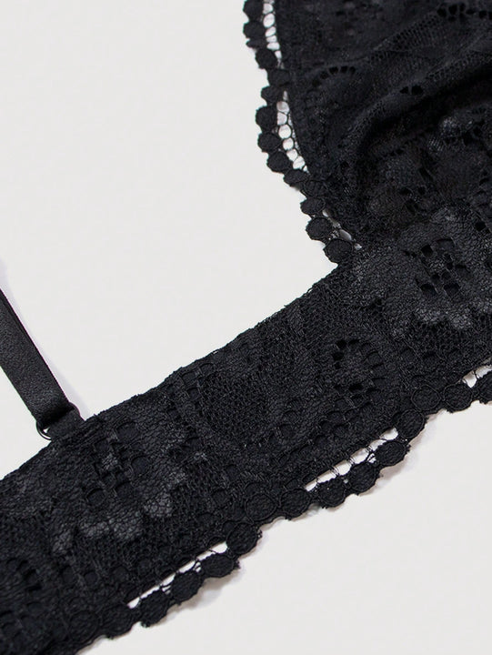 Sosten sexy y comodo de copa triangular de encaje negro para mujer con tirantes delgados