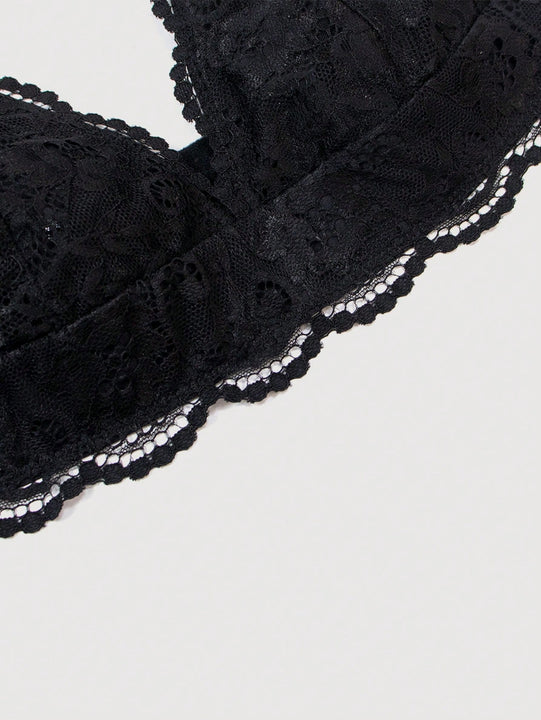 Sosten sexy y comodo de copa triangular de encaje negro para mujer con tirantes delgados