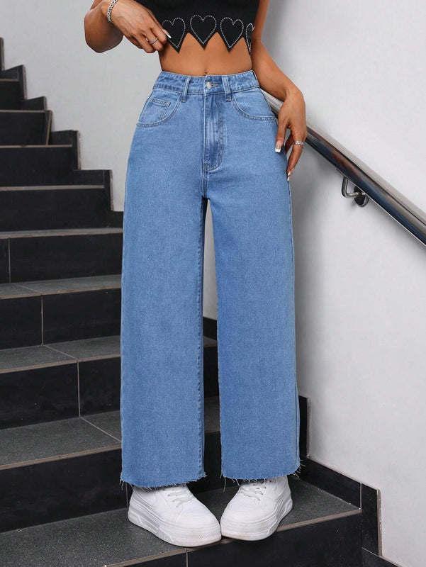 PETITE Jeans casuales de pierna recta con borde crudo lavados en azul claro