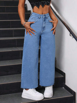 PETITE Jeans casuales de pierna recta con borde crudo lavados en azul claro