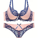 Conjunto de lenceria para mujer con tanga sexy y sujetador de encaje frances con bloques de color