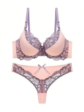 Conjunto Sexy De Liguero Frances De Encaje Y Sujetador Con G-string En Bloque De Color Para Mujer