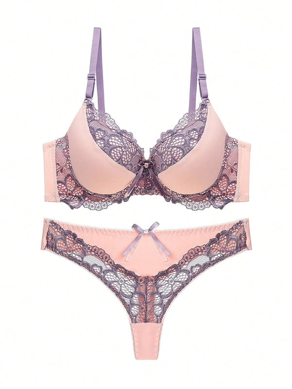 Conjunto Sexy De Liguero Frances De Encaje Y Sujetador Con G-string En Bloque De Color Para Mujer