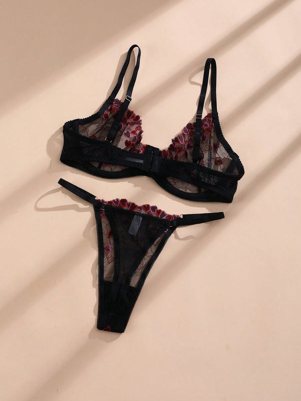 NEW Conjunto de ropa interior sexy de encaje negro para mujeres con sujetador push-up con aros, sujetador y ropa interior transparentes bordados