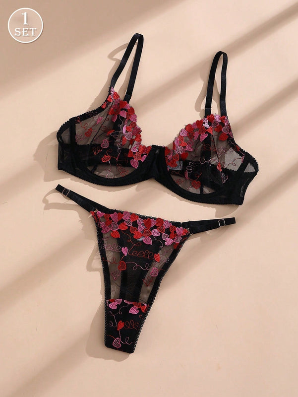 NEW Conjunto de ropa interior sexy de encaje negro para mujeres con sujetador push-up con aros, sujetador y ropa interior transparentes bordados
