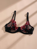 NEW Conjunto de ropa interior sexy de encaje negro para mujeres con sujetador push-up con aros, sujetador y ropa interior transparentes bordados