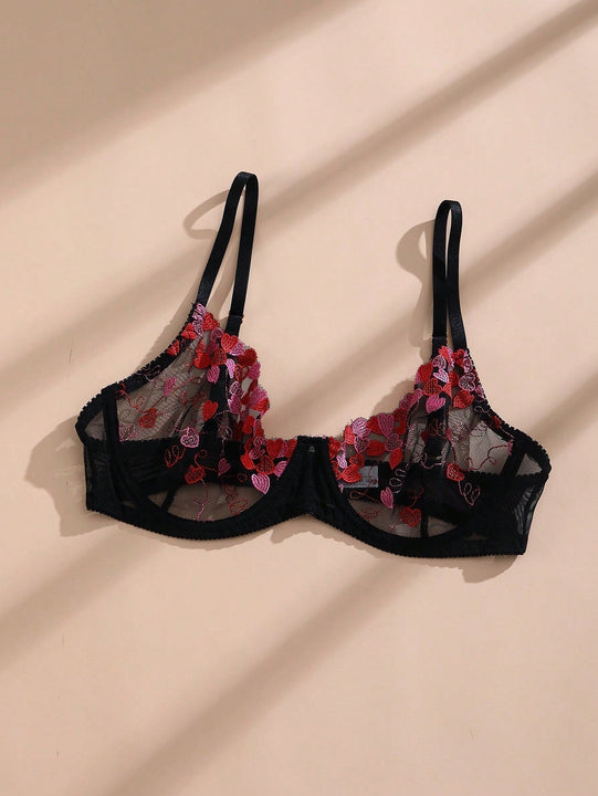 NEW Conjunto de ropa interior sexy de encaje negro para mujeres con sujetador push-up con aros, sujetador y ropa interior transparentes bordados