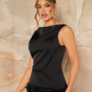 NEW  Haute Camisa sin mangas para mujer con cuello drapeado y unicolor, elegante para el verano