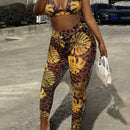 Slayr Conjunto tropical con top halter estampado y crop, espalda abierta y leggings estampados con diseno tropical para vacaciones (talla E)