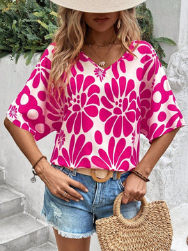 NEW  VCAY Camiseta femenina de estilo casual de vacaciones con estampado completo y cuello en V para el verano