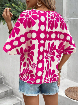 NEW  VCAY Camiseta femenina de estilo casual de vacaciones con estampado completo y cuello en V para el verano
